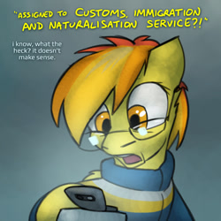 Size: 800x800 | Tagged: safe, artist:captainhoers, spitfire, pegasus, pony, the sunjackers, g4, cellphone, dialogue, female, glasses, hoof hold, mare, older, older spitfire, phone, reading, solo