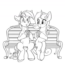 Size: 1800x1800 | Tagged: safe, artist:tsitra360, button mash, sweetie belle, earth pony, pony, unicorn, g4, bench, black and white, bubble tea, duo, female, grayscale, implied shipping, lineart, male, monochrome, nintendo switch, older, older button mash, older sweetie belle, ship:sweetiemash, shipping, simple background, sipping, sitting, straight, white background