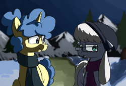 Size: 3174x2160 | Tagged: safe, artist:dark shadow, oc, oc:blueberry muffin, oc:dia gram, earth pony, pony, unicorn, beanie, clothes, glasses, hat, high res, night, pine tree, scarf, smiling, snow, stars, tree