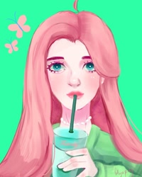 Size: 1250x1563 | Tagged: safe, artist:lelya0png, fluttershy, human, g4, drink, drinking, female, green background, humanized, jewelry, looking at you, necklace, pearl necklace, simple background, solo, straw