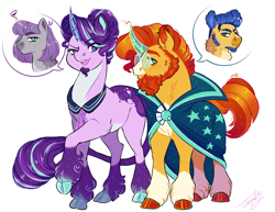 Size: 2200x1700 | Tagged: safe, artist:theartfox2468, flash sentry, maud pie, starlight glimmer, sunburst, classical unicorn, earth pony, pegasus, pony, unicorn, g4, alternate hairstyle, beard, bisexual, cloven hooves, coat markings, colored hooves, crystal horn, facial hair, female, goatee, horn, implied flashburst, implied gay, implied lesbian, implied polyamory, implied starmaud, leonine tail, male, mare, ship:starburst, shipping, simple background, socks (coat markings), speech bubble, stallion, story included, straight, sunburst the bearded, unshorn fetlocks, white background
