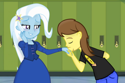 Size: 1920x1276 | Tagged: safe, artist:georgegarza01, artist:grapefruit-face, edit, trixie, oc, oc:grapefruit face, equestria girls, g4, blushing, canon x oc, clothes, dress, duo, female, grapexie, hand kiss, hand on cheek, leaning, male, shipping, show accurate, straight