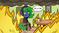 Size: 1280x728 | Tagged: safe, artist:charlot, oc, oc only, pony, unicorn, fire, meme, parody, solo, this is fine