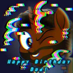 Size: 3379x3379 | Tagged: safe, artist:php178, oc, oc:willing vision, pony, unicorn, fallout equestria, .svg available, beard, birthday gift, blue background, chromatic aberration, clothes, confetti, distortion, error, eyestrain warning, facial hair, fallout equestria font, gift art, glitch, grin, happy birthday, high res, horn, jumpsuit, moustache, movie accurate, one eye closed, realistic mane, simple background, smiling, stallion oc, svg, text, unicorn oc, vault suit, vector, wink