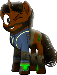 Size: 4673x6086 | Tagged: safe, alternate version, artist:php178, oc, oc only, oc:willing vision, pony, unicorn, fallout equestria, g4, my little pony: rainbow roadtrip, my little pony: the movie, .svg available, beard, birthday gift, clothes, colored pupils, facial hair, full body, gift art, grin, horn, inkscape, jumpsuit, moustache, movie accurate, one eye closed, pipbuck, pipbuck 3000, realistic mane, simple background, smiling, solo, stallion oc, standing, svg, transparent background, unicorn oc, vault suit, vector, wink