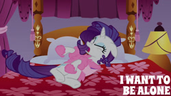 Size: 1280x720 | Tagged: safe, edit, edited screencap, editor:quoterific, screencap, rarity, pony, unicorn, g4, season 1, suited for success, bed, carousel boutique, eyes closed, female, floppy ears, mare, marshmelodrama, open mouth, rarity being rarity, solo, text