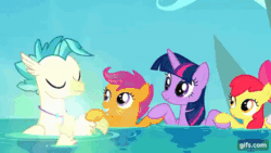 Size: 640x360 | Tagged: safe, screencap, apple bloom, scootaloo, sweetie belle, terramar, twilight sparkle, alicorn, earth pony, hippogriff, pegasus, pony, seapony (g4), unicorn, g4, season 8, surf and/or turf, animated, apple bloom's bow, bow, bubble, cutie mark crusaders, eyes closed, female, filly, fish tail, flowing mane, flowing tail, foal, gif, gifs.com, hair bow, male, mare, ocean, open mouth, open smile, seaponified, seapony apple bloom, seapony scootaloo, seapony sweetie belle, seapony twilight, smiling, species swap, tail, transformation, twilight sparkle (alicorn), underwater, water