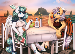 Size: 3509x2550 | Tagged: safe, artist:pridark, oc, oc only, oc:silver veil, bat pony, pegasus, anthro, unguligrade anthro, bat pony oc, bat wings, belly button, breasts, cleavage, female, flower, high res, jewelry, looking at each other, looking at someone, necklace, ocean, sailboat, water, wings