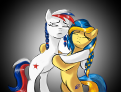 Size: 5000x3800 | Tagged: safe, artist:arkhat, oc, oc:marussia, oc:ukraine, earth pony, pony, absurd resolution, anti-war, bipedal, comments locked down, current events, duo, duo female, eyes closed, female, hug, mare, nation ponies, ponified, ponytail, russia, sad, simple background, ukraine