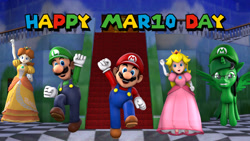 Size: 1920x1080 | Tagged: safe, artist:fernando-fontes-64, oc, oc:fernando jesús, alicorn, human, pony, 3d, celebration, clothes, crown, dress, hat, jewelry, jumping, luigi, male, mar10 day, mario, nintendo, photo, pose, princess daisy, princess peach, puffy sleeves, regalia, source filmmaker, super mario 64, super mario bros., video game