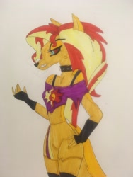 Size: 3024x4032 | Tagged: safe, artist:carlos324, sunset shimmer, demon, hellhound, anthro, g4, clothes, demonized, hellaverse, hellborn, hellhoundified, helluva boss, loona (helluva boss), marker drawing, sexy, solo, species swap, traditional art