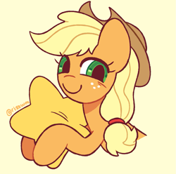Size: 1007x1000 | Tagged: safe, artist:risswm, applejack, earth pony, pony, g4, commission, cute, female, hug, jackabetes, mare, pillow, pillow hug, simple background, smiling, solo, ych result, yellow background