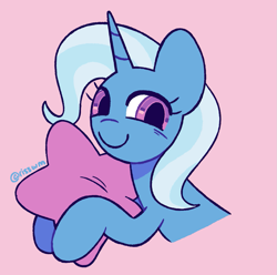 Size: 1007x1000 | Tagged: safe, artist:risswm, trixie, pony, unicorn, g4, commission, cute, diatrixes, female, hug, mare, pillow, pillow hug, pink background, simple background, smiling, solo, ych result