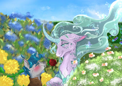 Size: 2000x1400 | Tagged: safe, artist:miyalaflordorada, mistmane, stygian, pony, unicorn, g4, blushing, commission, duo, eyebrows, eyebrows visible through hair, eyes closed, female, flower, flower in mouth, flowing mane, garden, male, mare, meadow, mistian, mouth hold, rose, rose in mouth, shipping, size difference, smiling, stallion, straight, wavy mouth