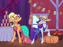 Size: 1350x1004 | Tagged: safe, artist:beyhr, applejack, rarity, earth pony, pony, unicorn, g4, my little pony: friendship is magic, simple ways, angry, apple, applejewel, barn, clothes, cloven hooves, dress, food, hay bale, overalls, rarihick, tail, tail hole, unamused