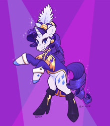 Size: 1400x1600 | Tagged: safe, artist:beyhr, rarity, pony, unicorn, ancient wonderbolts uniform, boots, clothes, female, looking at you, mare, rearing, sgt. rarity, shoes, smiling, solo, sparkles, uniform