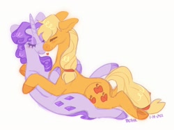 Size: 1284x958 | Tagged: safe, artist:beyhr, applejack, rarity, earth pony, pony, unicorn, g4, blushing, cuddling, eyes closed, female, heart, hug, lesbian, ship:rarijack, shipping, smiling