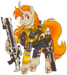 Size: 2108x2346 | Tagged: safe, artist:fizzmitz, oc, oc only, oc:tekkitbeasting, pony, unicorn, armor, armored pony, chestplate, curved horn, ear fluff, grenade, gun, high res, horn, long mane, male, new conglomerate, planetside, planetside 2, rifle, simple background, stallion, submachinegun, transparent background, unshorn fetlocks, weapon