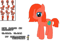 Size: 576x384 | Tagged: safe, artist:zeka10000, oc, oc:enigan, oc:global gleam, earth pony, human, pony, earth pony oc, female, mare, pixel art, request, requested art, rpg maker, simple background, solo, sprite, sprite sheet, text, transparent background
