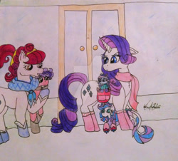 Size: 1920x1738 | Tagged: safe, artist:monse2001, rarity, suri polomare, oc, dracony, hybrid, pony, unicorn, g4, bag, clothes, deviantart watermark, female, indoors, interspecies offspring, looking back, mare, obtrusive watermark, offspring, parent:rarity, parent:spike, parents:sparity, saddle bag, scarf, signature, socks, traditional art, watermark