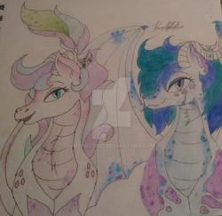 Size: 1024x996 | Tagged: safe, artist:monse2001, dracony, dragon, hybrid, bust, deviantart watermark, duo, interspecies offspring, obtrusive watermark, offspring, parent:rarity, parent:spike, parents:sparity, signature, traditional art, watermark