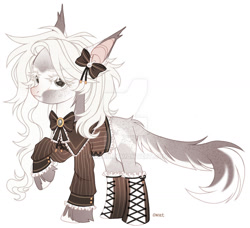 Size: 1024x932 | Tagged: safe, artist:miioko, oc, oc only, earth pony, pony, bow, clothes, deviantart watermark, earth pony oc, hair bow, obtrusive watermark, raised hoof, simple background, solo, watermark, white background