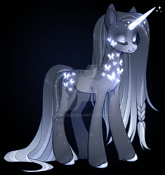 Size: 1024x1091 | Tagged: safe, artist:miioko, oc, oc only, pony, unicorn, black background, deviantart watermark, eyes closed, female, glowing, glowing horn, horn, mare, obtrusive watermark, simple background, solo, unicorn oc, watermark