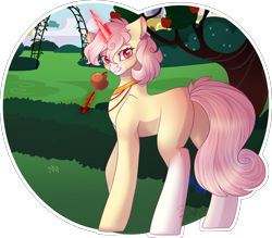 Size: 2191x1917 | Tagged: safe, artist:stormcloud-yt, oc, oc only, pony, unicorn, apple, base used, butt, candy apple, food, glowing, glowing horn, horn, magic, outdoors, plot, simple background, solo, telekinesis, transparent background, unicorn oc