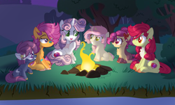 Size: 4584x2774 | Tagged: safe, artist:stormcloud-yt, apple bloom, scootaloo, sweetie belle, oc, oc only, pony, unicorn, g4, base used, campfire, cutie mark crusaders, female, filly, foal, mare, outdoors, raised hoof, smiling, the cmc's cutie marks