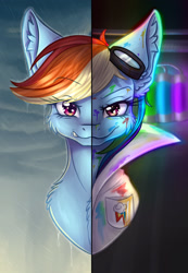 Size: 1024x1481 | Tagged: safe, artist:maneblue, rainbow dash, pegasus, pony, fanfic:rainbow factory, g4, bust, clothes, duality, ear fluff, eyelashes, fanfic art, female, goggles, lab coat, mare, rainbow factory dash, smiling, split screen
