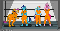 Size: 2073x1078 | Tagged: safe, artist:battlemaster92, pinkie pie, princess ember, rainbow dash, smolder, dragon, anthro, g4, bound wings, breasts, clothes, dragoness, female, jumpsuit, lizard breasts, prison outfit, prisoner ember, prisoner pp, prisoner rd, prisoner smolder, wings