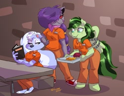 Size: 2175x1686 | Tagged: safe, artist:croxovergoddess, oc, oc:eden shallowleaf, skunk, zoroark, anthro, book, bound wings, cafeteria, chains, clothes, food, furry, jail, muffin, pokémon, prison, prison outfit, prisoner, table, tray, wings