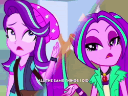 Size: 1440x1080 | Tagged: safe, edit, edited screencap, screencap, adagio dazzle, aria blaze, sonata dusk, starlight glimmer, sunset shimmer, equestria girls, equestria girls specials, g4, my little pony equestria girls: mirror magic, my little pony equestria girls: rainbow rocks, animated, clothes, cute, cutie mark on clothes, eyes closed, female, geode of empathy, jacket, jewelry, leather, leather jacket, magical geodes, necklace, one eye closed, open mouth, open smile, smiling, sonatabetes, sound, statue, text, the dazzlings, tiktok, webm