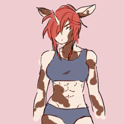 Size: 512x512 | Tagged: safe, artist:silkytea-cafe, oc, oc only, unicorn, anthro, abs, bra, clothes, crop top bra, female, gray underwear, horn, panties, pink background, simple background, solo, underwear, unicorn oc
