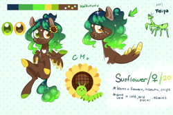 Size: 1600x1068 | Tagged: safe, artist:kaikururu, oc, oc:sunflower, mantis, pegasus, pony, colored hooves, colored wings, female, freckles, heterochromia, mare, pegasus oc, reference sheet, smiling, two toned wings, wings