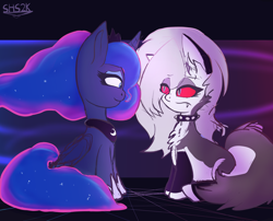 Size: 4200x3400 | Tagged: safe, artist:superhypersonic2000, princess luna, alicorn, demon, demon pony, hellhound, pony, g4, crossover, duo, duo female, female, hellaverse, hellborn, hellhound pony, helluva boss, looking at each other, looking at someone, loona (helluva boss), namesake, ponified, pun, red sclera, visual pun