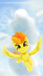 Size: 1080x1920 | Tagged: safe, artist:kirdim4ik, spitfire, pegasus, pony, g4, cloud, female, flying, lens flare, looking at you, mare, sky background, smiling, smiling at you, solo, spread wings, wings