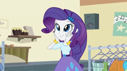 Size: 3410x1920 | Tagged: safe, screencap, rarity, equestria girls, g4, my little pony equestria girls: friendship games, bracelet, clothes, cutie mark on clothes, female, hairpin, high res, jewelry, smiling, solo