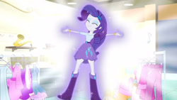 Size: 3410x1920 | Tagged: safe, screencap, rarity, equestria girls, g4, my little pony equestria girls: friendship games, boots, bracelet, clothes, cute, cutie mark on clothes, eyes closed, female, glowing, hairpin, high res, jewelry, raribetes, shoes, smiling, solo