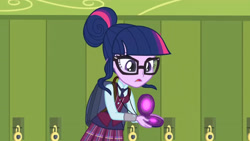 Size: 3410x1920 | Tagged: safe, screencap, sci-twi, twilight sparkle, equestria girls, g4, my little pony equestria girls: friendship games, backpack, female, glasses, high res, lockers, magic capture device, open mouth, solo