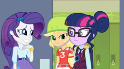 Size: 3410x1920 | Tagged: safe, screencap, applejack, rarity, sci-twi, twilight sparkle, equestria girls, g4, my little pony equestria girls: friendship games, backpack, female, glasses, grin, hairpin, high res, lockers, magic capture device, smiling, trio