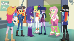 Size: 3410x1920 | Tagged: safe, screencap, applejack, fluttershy, pinkie pie, rainbow dash, rarity, sci-twi, sunset shimmer, twilight sparkle, equestria girls, g4, my little pony equestria girls: friendship games, backpack, boots, bracelet, clothes, cutie mark on clothes, female, glasses, hairpin, high res, humane five, humane seven, humane six, jewelry, lockers, shoes, smiling