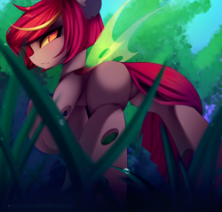 Size: 3840x3673 | Tagged: safe, artist:shavurrr, oc, oc only, changeling, butt, commission, day, eyebrows, eyelashes, female, grass, high res, looking at you, looking back, looking back at you, mare, nature, outdoors, plot, red changeling, sky, solo, tail, tail wag, tree, underhoof, wings