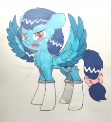 Size: 1279x1401 | Tagged: safe, artist:rainbowwing, oc, oc only, oc:cloudwest, oc:云西, pegasus, pony, bow, chest fluff, clothes, ears back, fangs, frown, hair bow, heterochromia, lace, male, multicolored eyes, open mouth, shy, simple background, socks, solo, spread wings, tail, tail bow, traditional art, white socks, wings