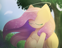 Size: 2550x2000 | Tagged: safe, artist:miryelis, fluttershy, pegasus, pony, g4, big ears, cute, eyes closed, flower, flower in hair, forest, forest background, halo, high res, long hair, smiling, solo, wings