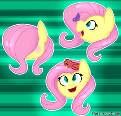 Size: 1694x1621 | Tagged: safe, artist:azure-quill, artist:fluttershydaily, fluttershy, bird, butterfly, pony, g4, blushing, green background, hair over eyes, simple background, smiling, solo