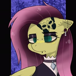 Size: 2048x2048 | Tagged: safe, artist:usapipoyoyo, fluttershy, pegasus, pony, g4, alternate hairstyle, bust, clothes, ear piercing, earring, eyeshadow, female, fluttergoth, goth, high res, jacket, jewelry, lidded eyes, makeup, mare, necklace, piercing, solo, wings