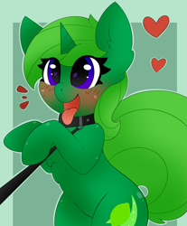 Size: 2489x3000 | Tagged: safe, artist:pegamutt, oc, oc only, oc:lime dream, pony, unicorn, bipedal, collar, commission, emanata, eye clipping through hair, female, freckles, heart, high res, leash, looking at you, open mouth, pet play, simple background, smiling, smiling at you, solo, tongue out, ych result