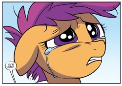 Size: 1859x1306 | Tagged: safe, artist:nanook123, scootaloo, pegasus, pony, idw, spoiler:comic93, bust, comic, cropped, crying, dialogue, female, filly, floppy ears, foal, gradient background, gritted teeth, messy mane, offscreen character, sad, season 10, solo, speech bubble, tears of joy, teary eyes, teeth