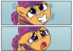 Size: 1877x1327 | Tagged: safe, artist:nanook123, idw, scootaloo, pegasus, pony, g4, season 10, spoiler:comic93, comic, cropped, crying, female, filly, foal, forced smile, sad, smiling